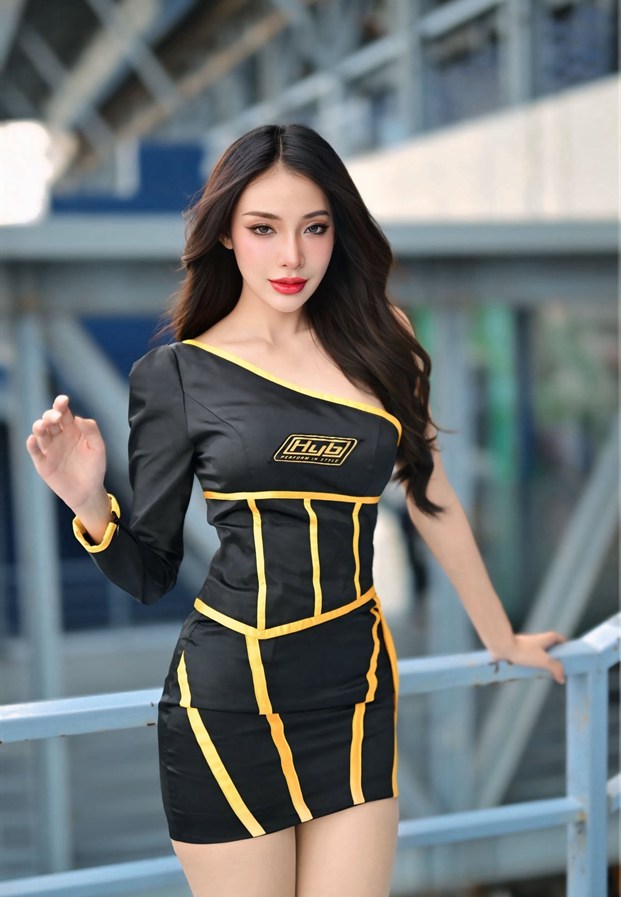 พริตตี้เรซซิ่งควีนชุดดำเหลืองในงานมอเตอร์สปอร์ต