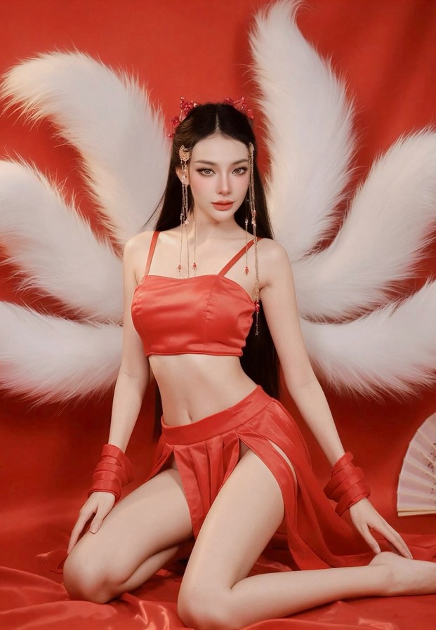 ชุดจีนสีแดงพร้อมเครื่องประดับผมสไตล์จีนโบราณ
